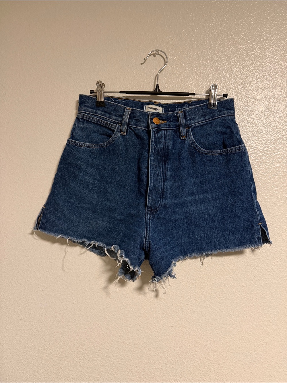 Wrangler Dark Blue High-Rise Frayed Denim Shorts